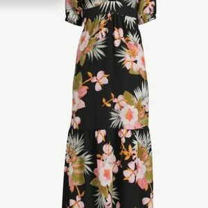 Black Floral Maxi Dress Ruffle Puff Sleeve Dress